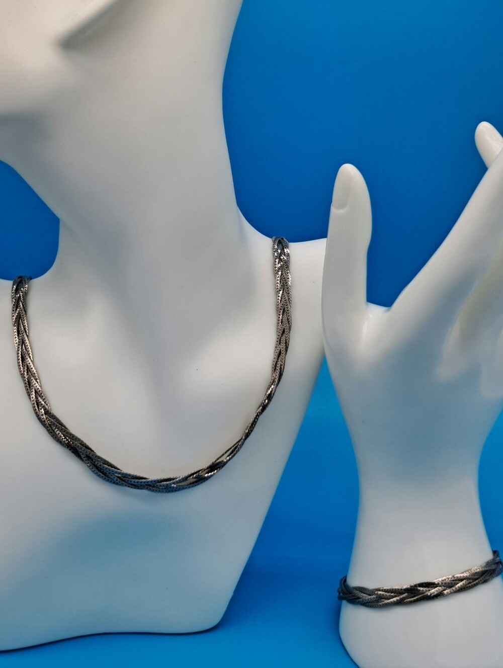 Vintage Braided Metallic Necklace and Bracelet Set - Gunmetal